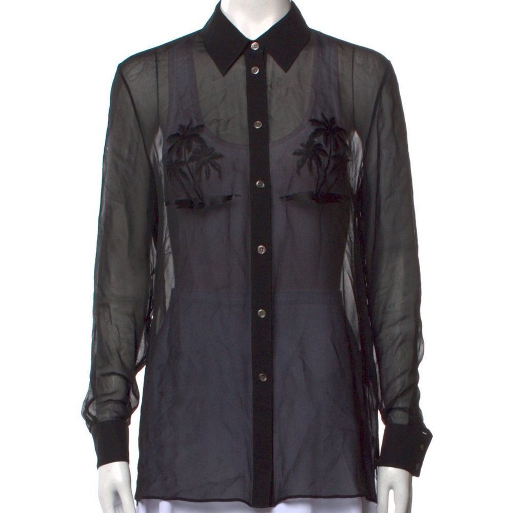 Alexander Wang Sheer California Palm Long Sleeve Button Up Top Blouse